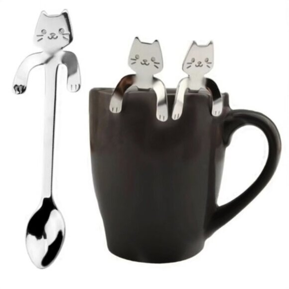 Cat Spoons Tea Spoons Stirrers Cup Hugging Kitty Cats Stainless Steel 2 PC Set - Picture 1 of 16
